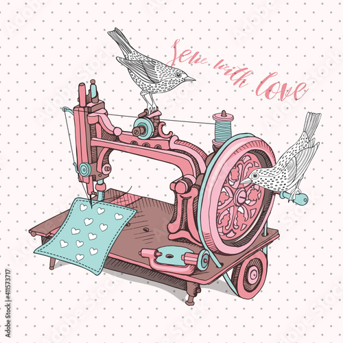 Vintage sewing machine with a birds. Vector illustration.