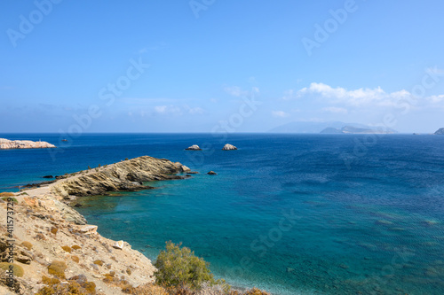 Latinaki beach in the area of Karavostasi, small beach of sand mixed with rocks. Folegandros island, Cyclades, Greece