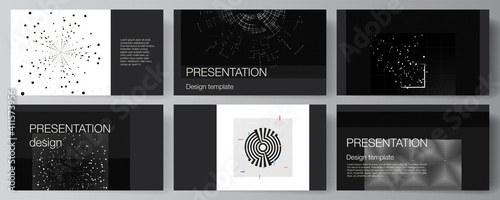 Vector layout of the presentation slides design templates for presentation brochure, brochure cover. Black color technology background. Digital visualization of science, medicine, technology concept.