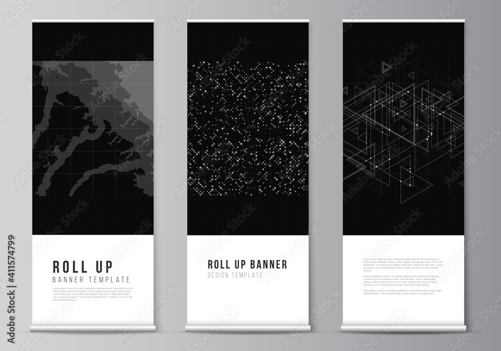 Vector layout of roll up mockup templates for vertical flyers, flags design templates, banner stands, advertising. Abstract technology black color science background. Digital data. High tech concept. Vector layout of roll up mockup templates for vertical flyers, flags design templates, banner stands, advertising. Abstract technology black color science background. Digital data. High tech concept.