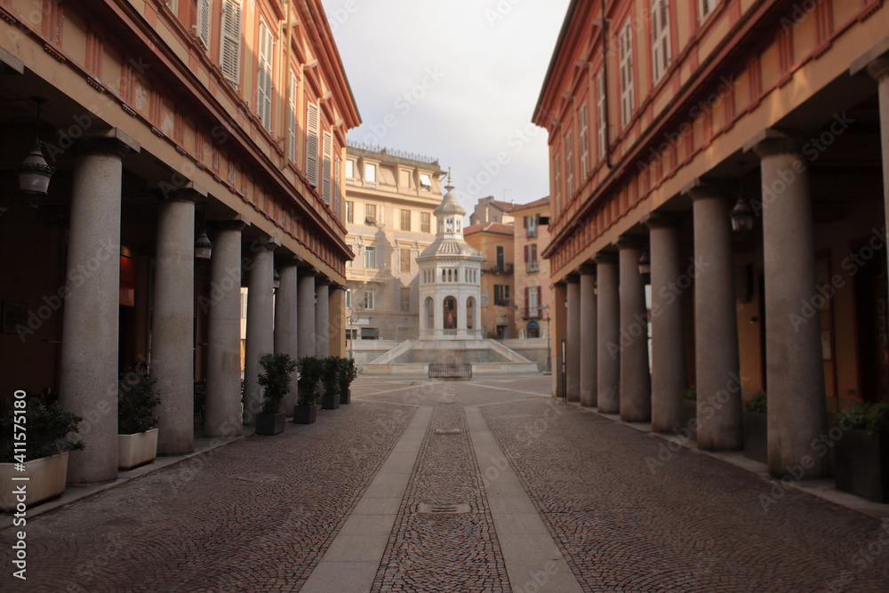 Acqui Terme, Italy - jan 2020: romanic central square with Thermal water fountain