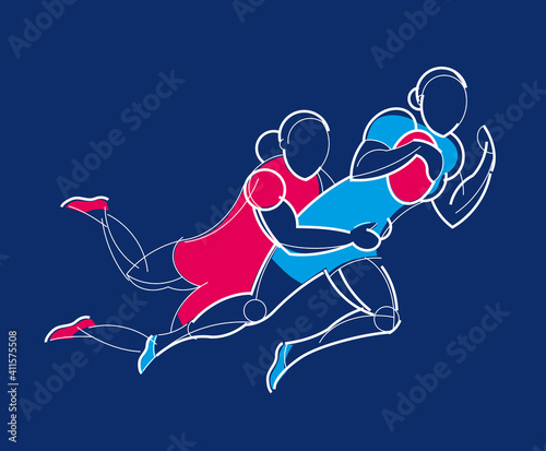 Athletes women's rugby. Stylish graphics on a dark background. Linear geometric design