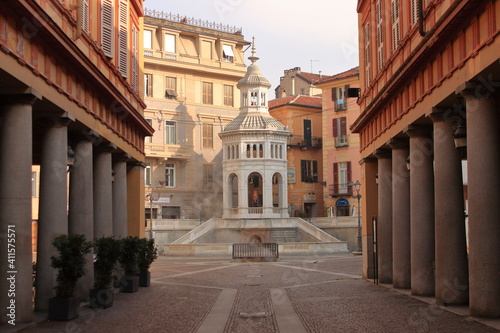 Acqui Terme, Italy - jan 2020: romanic central square with Thermal water fountain