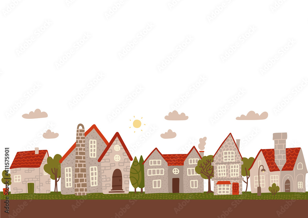 Cozy day small town street. Cartoon grey city buildings flat vector illustration. Empty space for text.
