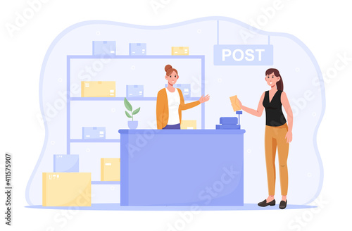 Female character is receiving parcel from mail service worker. Postman giving mail to woman. Woman came to the postoffice to get her order. Flat cartoon vector illustration
