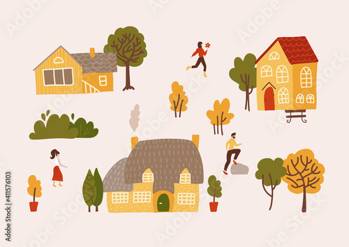 Hand drawn village with houses, trees and residents vector flat illustration. Yellow cozy buildings with people. Residential homestead, cottage or villa surrounded by green plants.