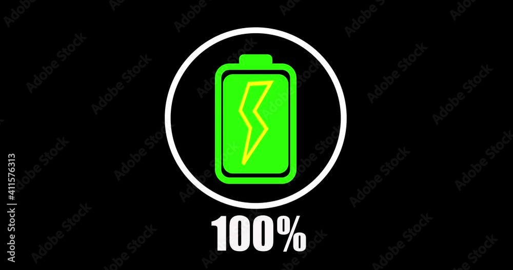 An animation of battery full charge with electric symbol on black background An animation of battery full charge with electric symbol on black background