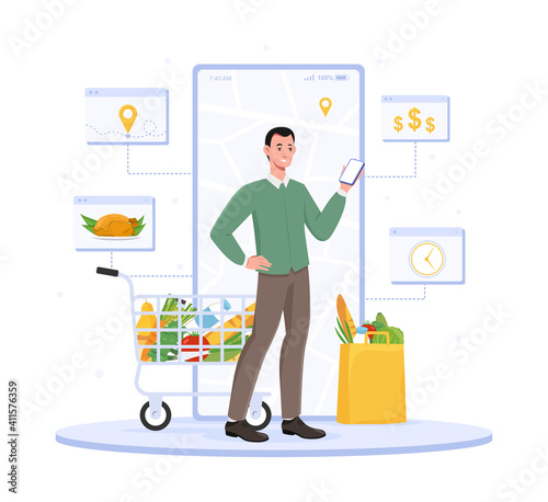 Male character is using online supermarket on his phone. Man is holding smartphone with supermarket application. Concept of online food order and delivery payment. Flat cartoon vector illustration