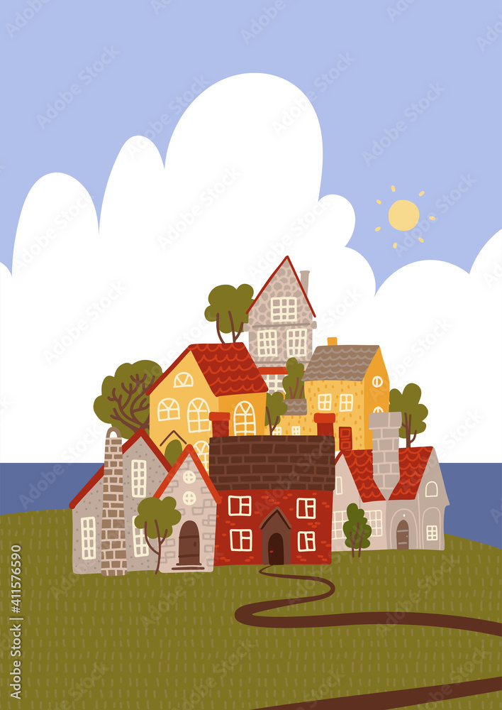 Funny Cartoon Town by the sea. Cozy houses and trees stacked. Flat vector illustration. Funny Cartoon Town by the sea. Cozy houses and trees stacked. Flat vector illustration.