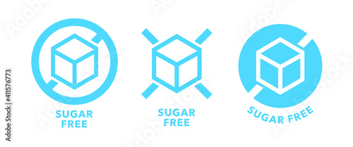 Sugar free icon set. No sugar product package labeldesign template. Blue sugar free food symbol.