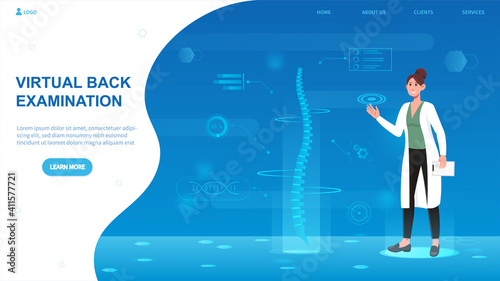 Female doctor is looking at human virtual reality spine. Female scientist uses augmented reality to examine human spine. Website, web page, landing page template. Flat cartoon vector illustration
