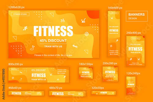Collection web banners different sizes for mobile and social networks, poster, shopping ads, marketing material. Bundle banners for product promotion, fitness club, GYM, energetic fit training.