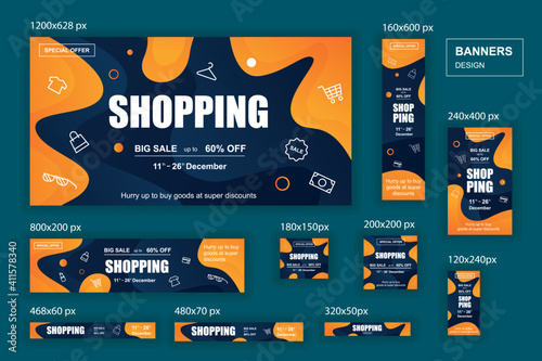 Collection web banners different sizes for mobile and social networks, poster, shopping ads, marketing material. Bundle banners for product promotion, online shopping, e-commerce, sale discount.