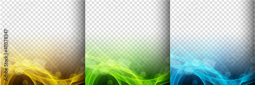 Collection of three colorful glowing wave transparent background