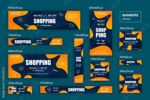 Collection web banners different sizes for mobile and social networks, poster, shopping ads, marketing material. Bundle banners for product promotion, online shopping, e-commerce, sale discount.