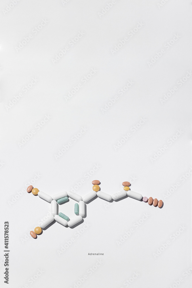 adrenaline, photograph of pills that recreate the chemical formula of adrenaline adrenaline, photograph of pills that recreate the chemical formula of adrenaline