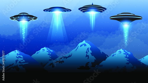 Abstract Sky Forest Background Silhouette With Flying Sauce Ufo NIght Clouds Mountains Vector Design Style