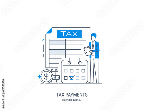 Tax payments concept. State taxation, tax return calculation. Tax form. Pay bills, invoices, salaries. Vector illustration. Line art style. Editable stroke.