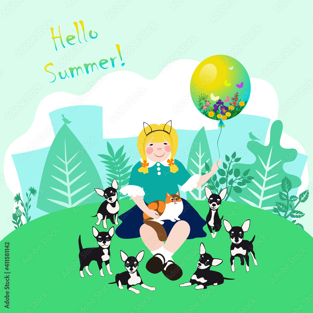 Naklejka premium Smiling girl with a balloon, a cat and small dogs in a city park