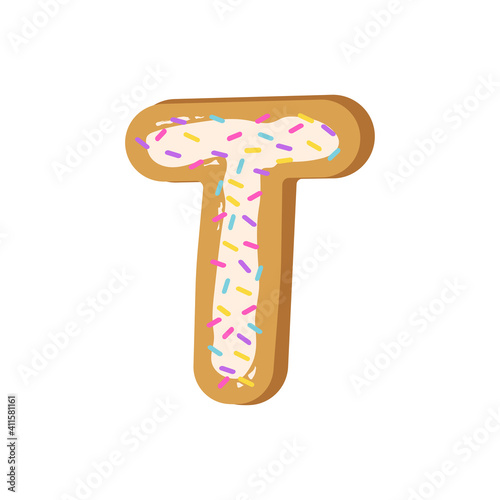 Fototapeta Naklejka Na Ścianę i Meble -  Cookies letter T. Alphabet made from cookies with confetti. Vector illustration of letters. Cute font design, object isolated.