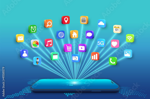 Application on Mobile, smartphone with application icons isolated on global network background as new technology and communication concept. vector illustration..
