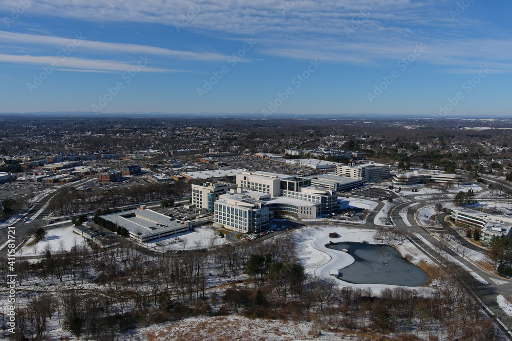 Aerial view of the Quince Orchard Park and Kentlands neighborhoods in Gaithersburg, Montgomery County, Maryland, after a recent snowfall. 