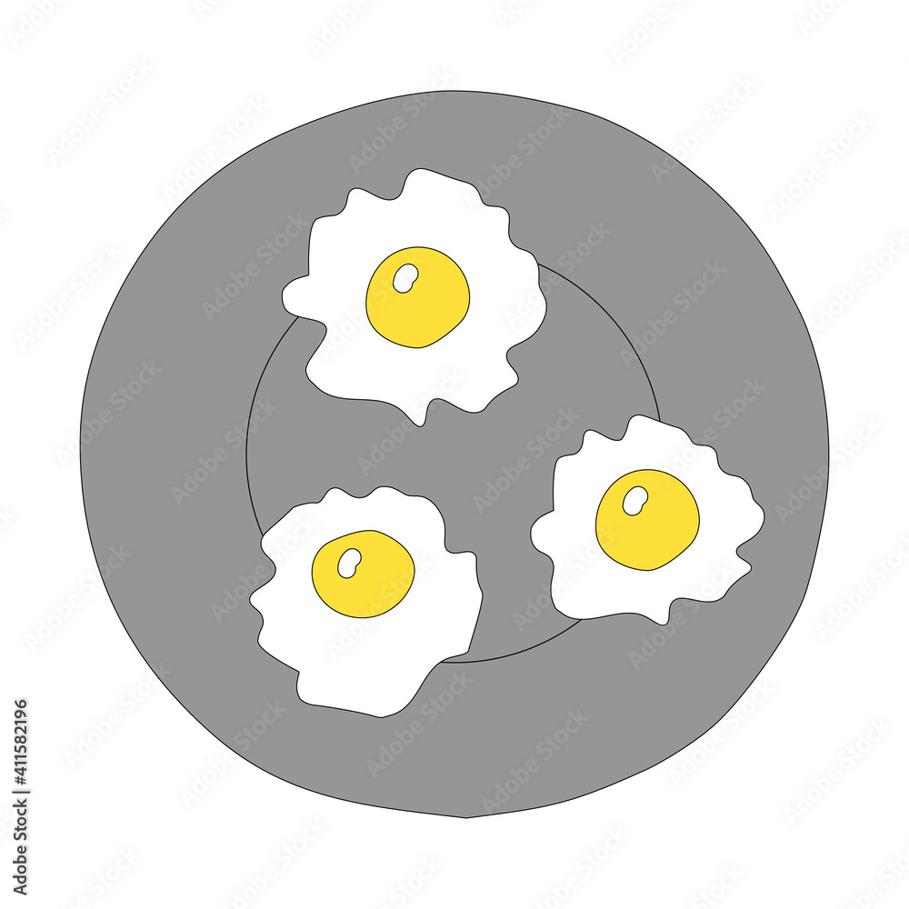 Hand-drawn outline flat vector illustration of the yellow Fried eggs on the gray plate isolated on a white background for breakfast