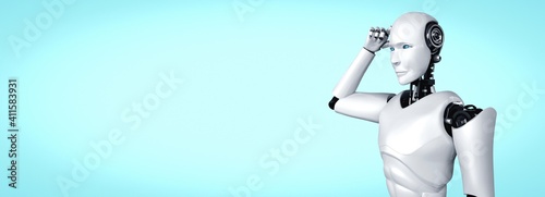 Thinking AI humanoid robot analyzing information data in concept of artificial intelligence by machine learning process for 4th fourth industrial revolution . 3D illustration. photo