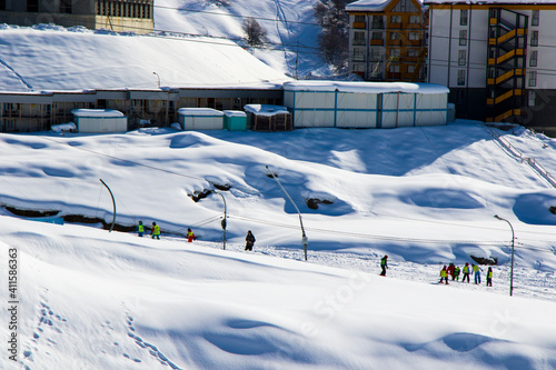 Fototapeta Naklejka Na Ścianę i Meble -  Ski resort, snowy mountains and hostels.
