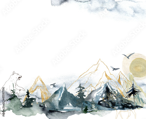 Fototapeta namalowane akwarelowe góry na jasnym tle