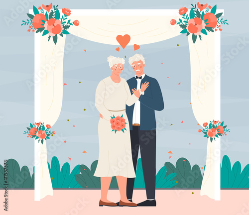 Beautiful elderly couple on the wedding. Happy mature bride and groom standing under arch. Old newlyweds. Concept of golden anniversary celebration. Flat cartoon vector illustration