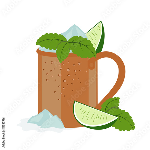 Moscow Mule cocktail with ice and lime in copper mug, vector illustration in flat style