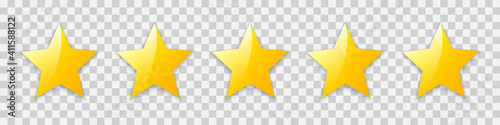 Five golden stars isolated, rating product review signs, customer reviews, quality shape. Customer feedback concept on a transparent background – stock vector