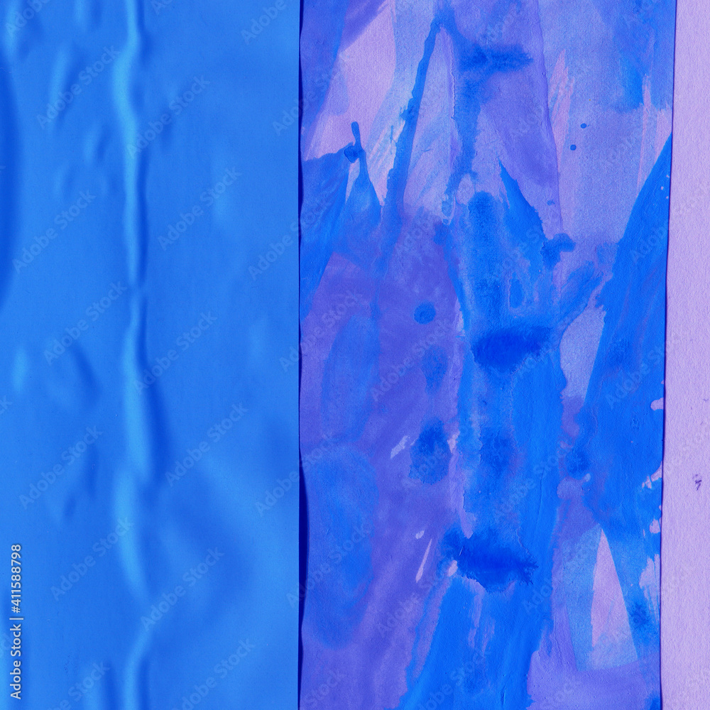 Violet Ripped Paper lue and violet torn paper collage close-up. Texture made from various ...