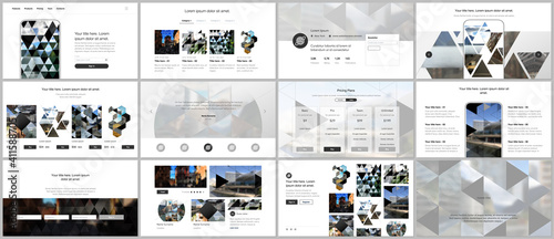 Vector templates for website design, presentations, portfolio. Templates with triangles, triangular pattern for presentation slides, flyer, leaflet, brochure cover. Backgrounds with place for photo.