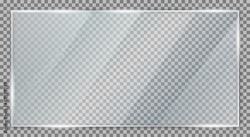 Glass plate on transparent background, clear glass showcase, realistic transparent window mockup in rectangle frame, glass texture with glares and light - vector