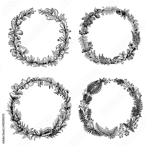 Hand drawn black and white ink circle wreaths of forest plants and berries.