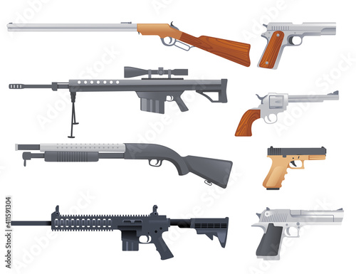 Set of military or police firearm weapon handgun carbine sniper rifle and shotgun vector illustration on white background