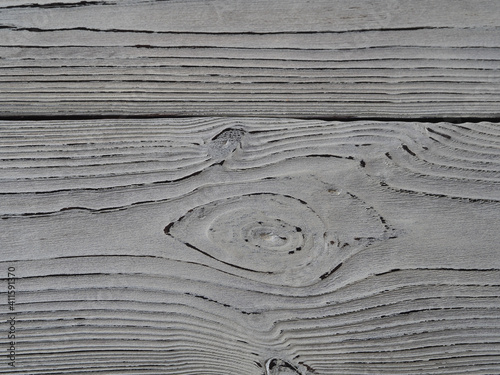 Light background of aged boards with knots. Natural solid wood texture, painted white in vintage, grunge style, for design and decoration, closeup