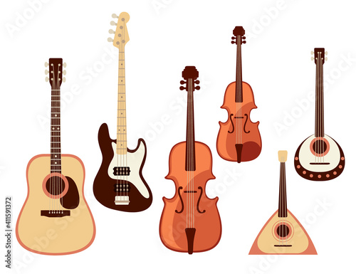 Set of classical musical instrument violin guitar balalaika collection cartoon design vector illustration