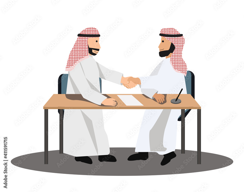 Flat cartoon of Saudi business man shake hand to make agreement of business in Arab country. Vector illustrative of Saudi character. Flat cartoon of Saudi business man shake hand to make agreement of business in Arab country. Vector illustrative of Saudi character.