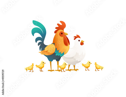 Cute cock and chicken with chicks farm agriculture hen rooster cartoon animal design vector illustration