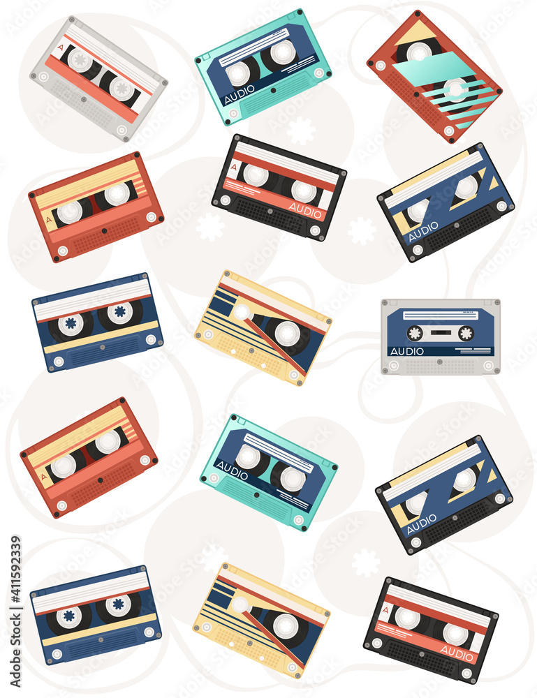 Set of retro audio cassettes with different colorful patterns vector illustration on white background Set of retro audio cassettes with different colorful patterns vector illustration on white background