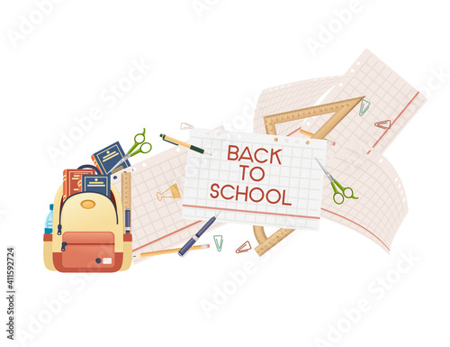 Back to school banner with signa stationery and books in backpack vector illustration on white background