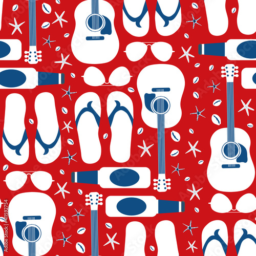 Beach party vector seamless pattern background. Backdrop with acoustic guitars, beer bottles, flip flops, starfish, sun glasses, shells. Seaside hipster repeat.Red white blue all over print for summer