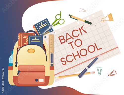 Back to school banner with signa stationery and books in backpack poster with school supplies vector illustration on white background