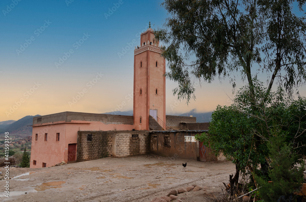 tower of a mosque in a town lost in the Atlas Mountains. marrakesh. Morocco