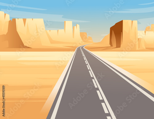Road to highway in desert landscape with empty road and flat mountains sunny day with clear sky vector illustration