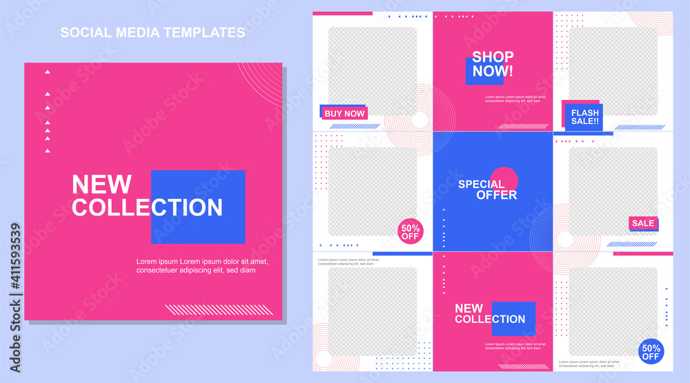 Social media post templates set for business with abstract vector illustration on background. Square posts layouts blue, fucsia, and white.	
