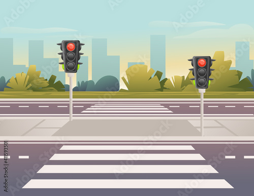 Empty city road with pedestrian crossing and traffic lights sunny day with clear sky vector illustration
